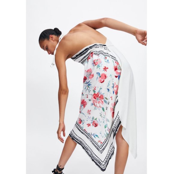 NWT Zara Size M White Floral Asymmetric Dress - Picture 3 of 5